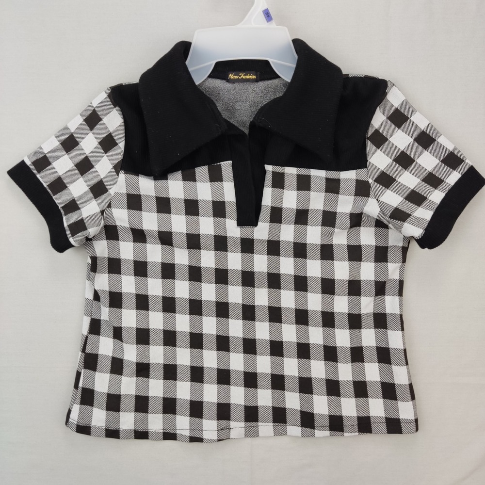 New Fashion Polo Shirt Womens M Black White‎ Checkered Gingham Retro Knit Top